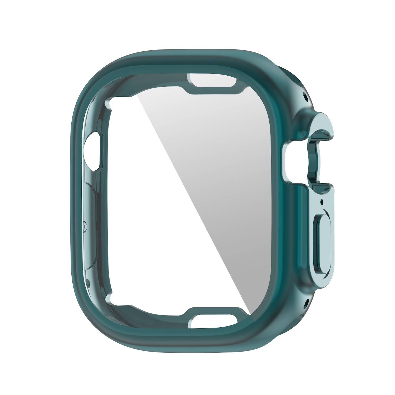 Schützendes Smartwatch-Gehäuse in Blaugrün mit transparenter Bildschirmabdeckung an der Vorderseite, auf weißem Hintergrund dargestellt.