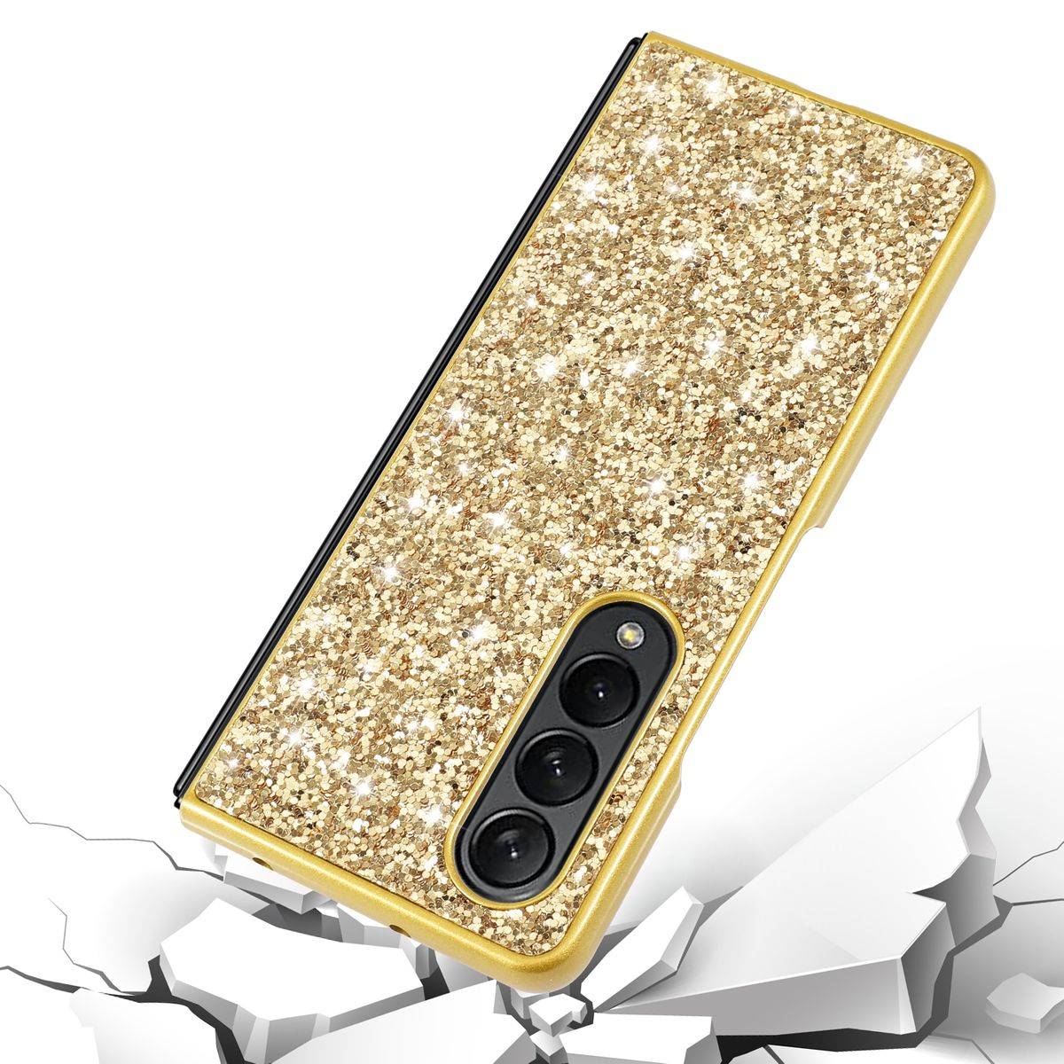 Für Samsung Galaxy Z Fold4 5G Glitzer Diamant Design Kunststoff TPU Cover Handy Tasche Hülle Etuis Blau