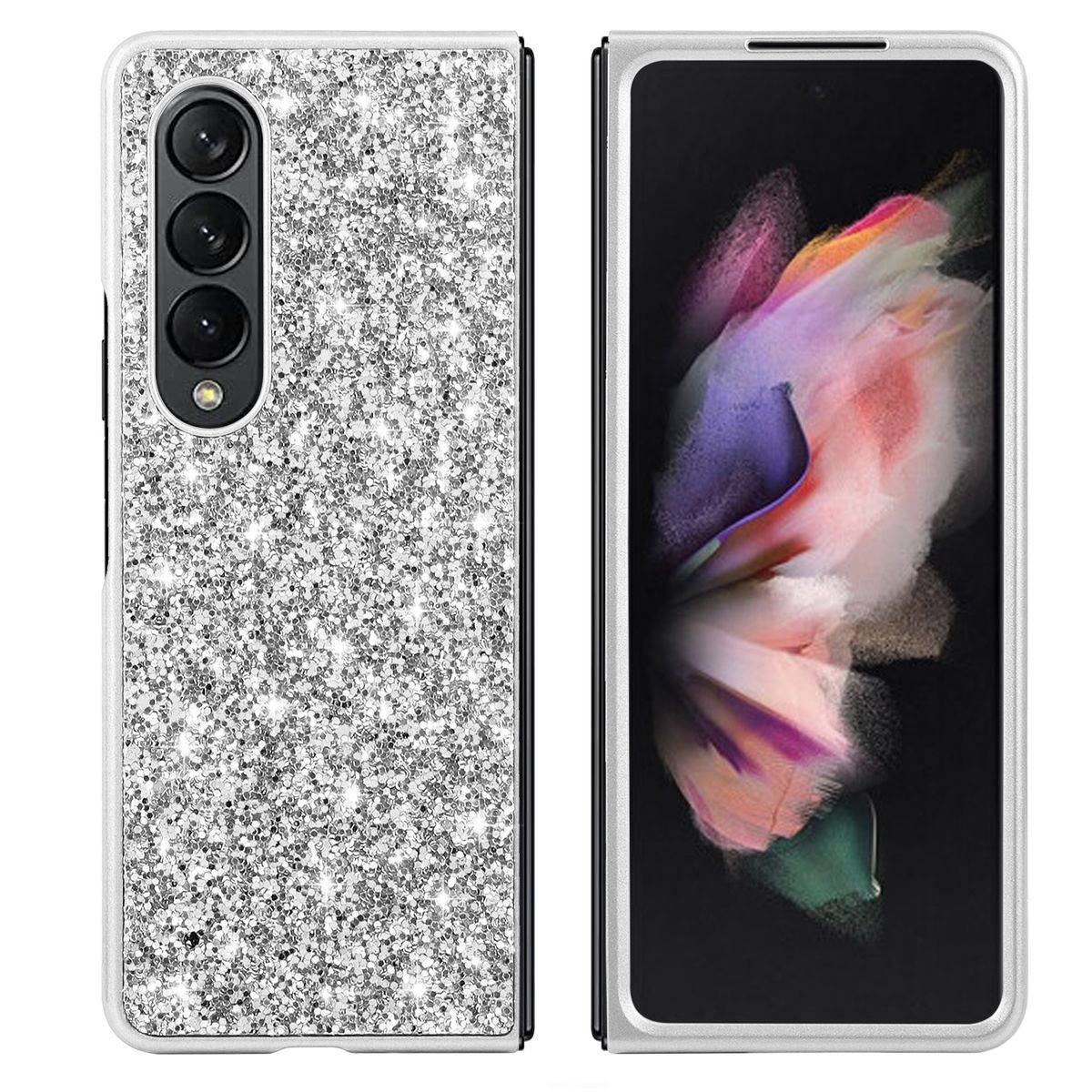 Für Samsung Galaxy Z Fold4 5G Glitzer Diamant Design Kunststoff TPU Cover Handy Tasche Hülle Etuis Silber