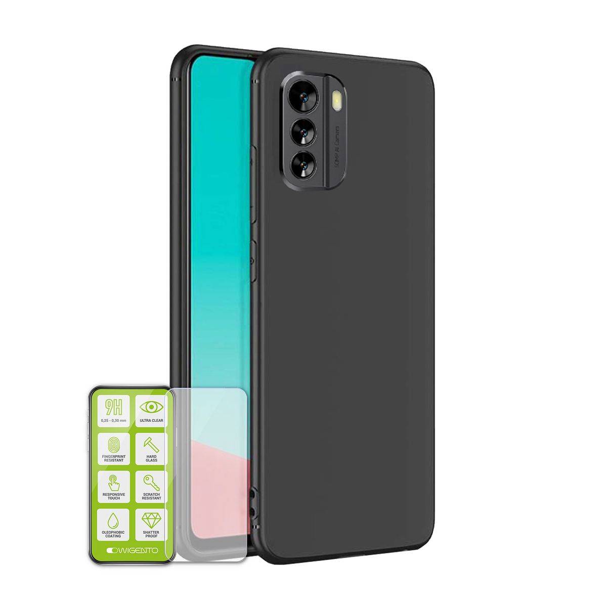 Für Nokia G60 Silikoncase TPU Schwarz + 0,26 H9 Glas Handy Tasche Hülle Schutz Cover
