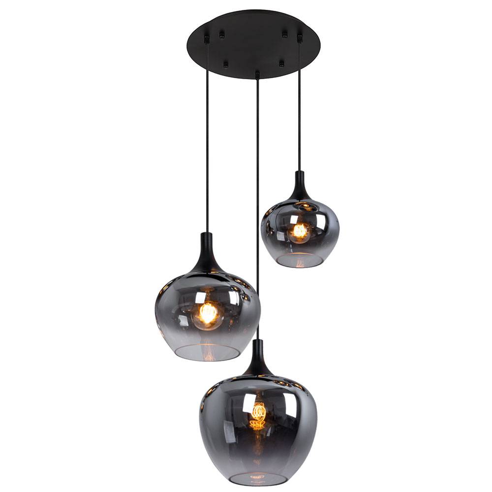 Hängeleuchte Pendellampe Wohnzimmer Pendelleuchte Esstischleuchte rauch Glasschirm, Metall schwarz, Fassungen 3x E27, DxH 48x120 cm