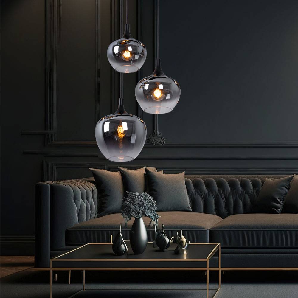 Hängeleuchte Pendellampe Wohnzimmer Pendelleuchte Esstischleuchte rauch Glasschirm, Metall schwarz, Fassungen 3x E27, DxH 48x120 cm