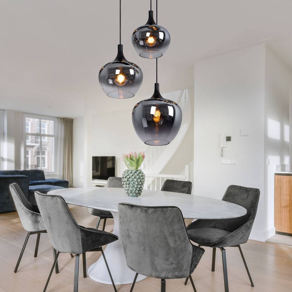 Hängeleuchte Pendellampe Wohnzimmer Pendelleuchte Esstischleuchte rauch Glasschirm, Metall schwarz, Fassungen 3x E27, DxH 48x120 cm