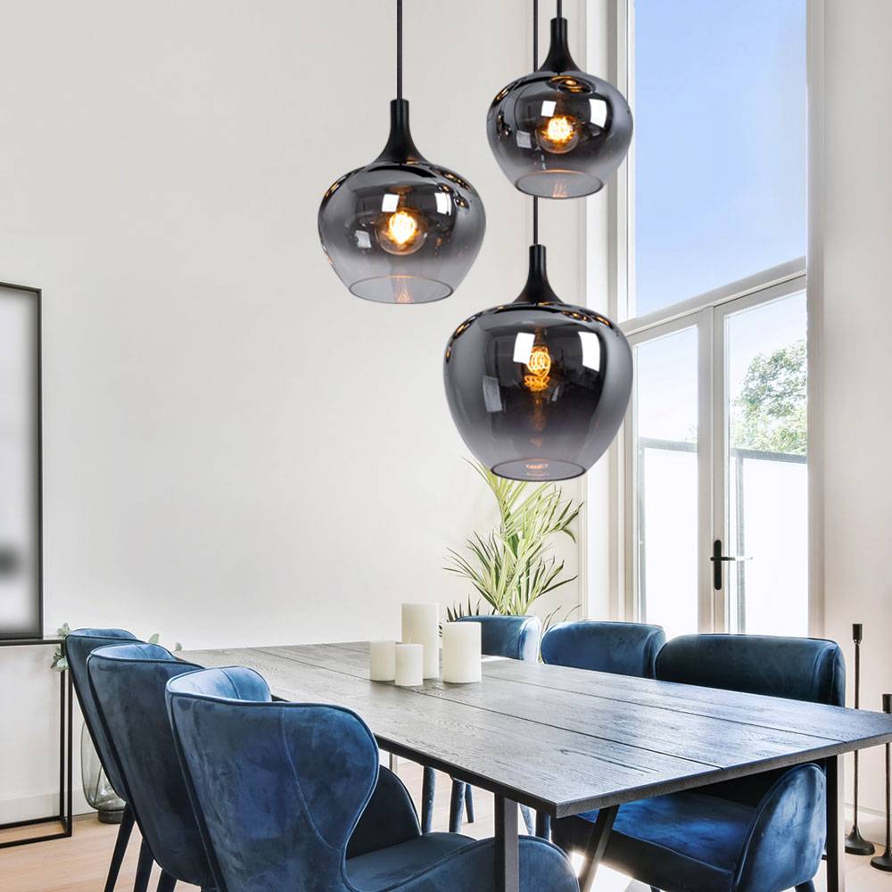 Hängeleuchte Pendellampe Wohnzimmer Pendelleuchte Esstischleuchte rauch Glasschirm, Metall schwarz, Fassungen 3x E27, DxH 48x120 cm