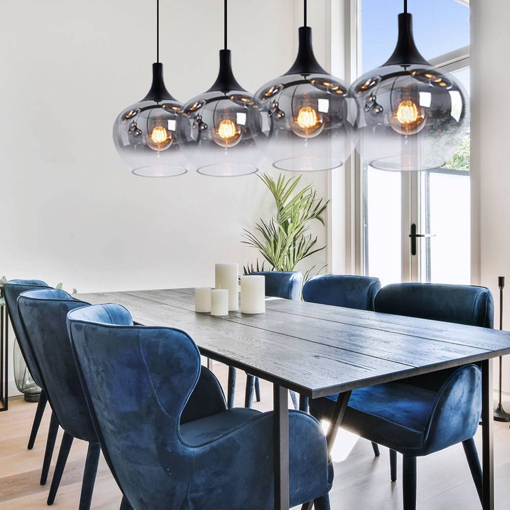 Pendellampe Hängeleuchte Esszimmer Pendelleuchte rauch Glasschirm, Metall schwarz, Fassungen 4x E27, LxBxH 100x18x120 cm