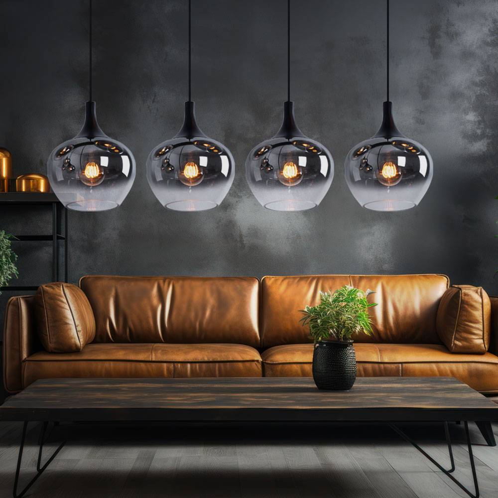 Pendellampe Hängeleuchte Esszimmer Pendelleuchte rauch Glasschirm, Metall schwarz, Fassungen 4x E27, LxBxH 100x18x120 cm