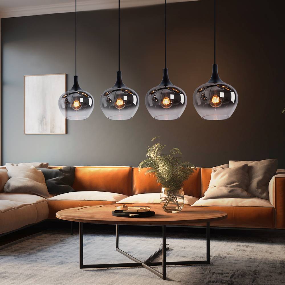 Hängeleuchte Pendellampe Wohnzimmer Pendelleuchte Esstischleuchte rauch Glasschirm, Metall schwarz, Fassungen 4x E27, LxBxH 100x18x120 cm
