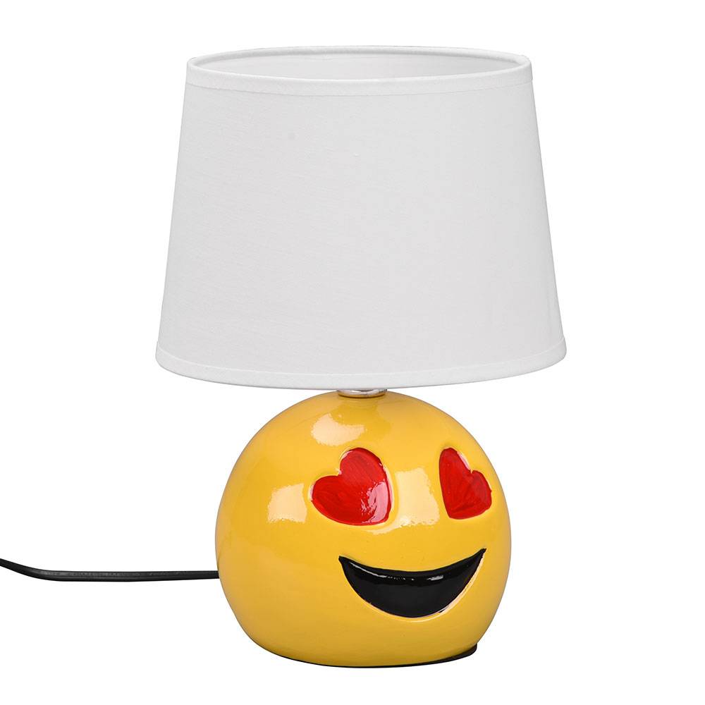 Keramik Tischlampe für Schlafzimmer Nachttischlampe Wohnzimmerlampe Tischlampe Modern, Emoji mit Herzaugen gelb, Textil weiß, E14 Fassung, DxH 18x2