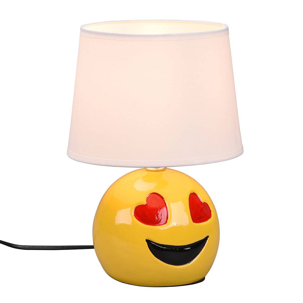 Keramik Tischlampe für Schlafzimmer Nachttischlampe Wohnzimmerlampe Tischlampe Modern, Emoji mit Herzaugen gelb, Textil weiß, E14 Fassung, DxH 18x2