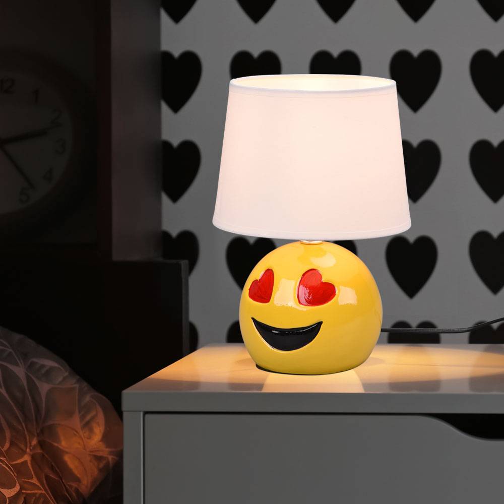 Keramik Tischlampe für Schlafzimmer Nachttischlampe Wohnzimmerlampe Tischlampe Modern, Emoji mit Herzaugen gelb, Textil weiß, E14 Fassung, DxH 18x2
