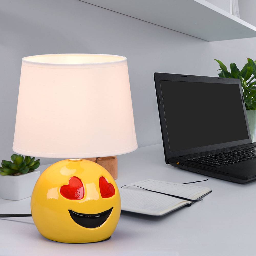 Keramik Tischlampe für Schlafzimmer Nachttischlampe Wohnzimmerlampe Tischlampe Modern, Emoji mit Herzaugen gelb, Textil weiß, E14 Fassung, DxH 18x2