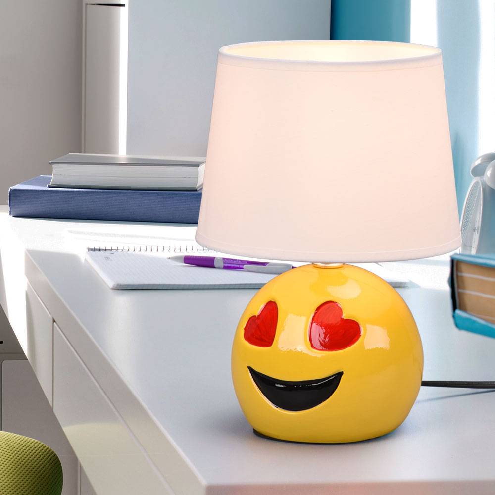 Keramik Tischlampe für Schlafzimmer Nachttischlampe Wohnzimmerlampe Tischlampe Modern, Emoji mit Herzaugen gelb, Textil weiß, E14 Fassung, DxH 18x2