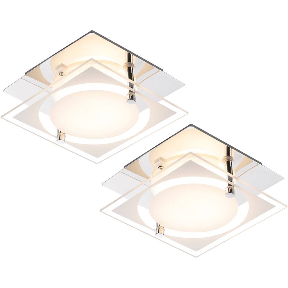 Deckenlampe Deckenleuchte quadratisch Chrom Flurlampe Glas satiniert, 1x LED 6W 400Lm neutralweiß, LxBxH 12 x 12 x 7 cm, 2er Set
