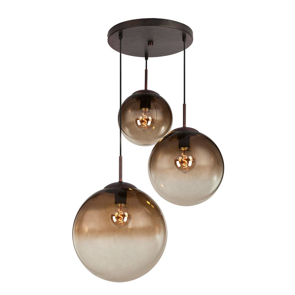 Pendelleuchte Hängelampe Esstischlampe Glas 3 flammig Glaskugel Hängelampe Glaskugel, Metall braun, 3x E27 Fassungen, DxH 51x120 cm
