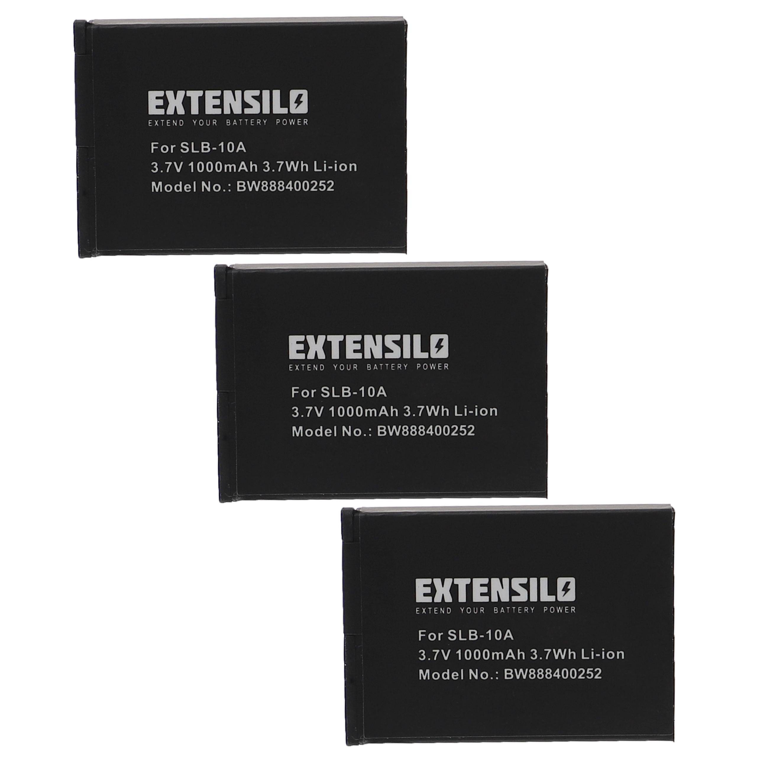 Drei schwarze Lithium-Ionen-Batterien mit der Bezeichnung 'EXTENSILO' mit den folgenden Spezifikationen: 3,7V, 1000mAh, 3,7Wh, Modellnummer: BW888400252.