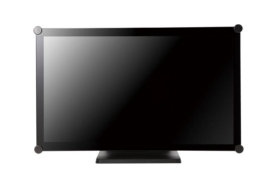 Ein Flachbildfernseher mit schwarzem Bildschirm, von vorne auf weißem Hintergrund dargestellt.