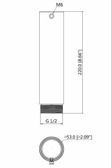 Technische Zeichnung eines zylindrischen Teils mit M6-Loch oben, G 1/2 Gewindeende, 220,0 mm Länge und 53,0 mm Durchmesser.