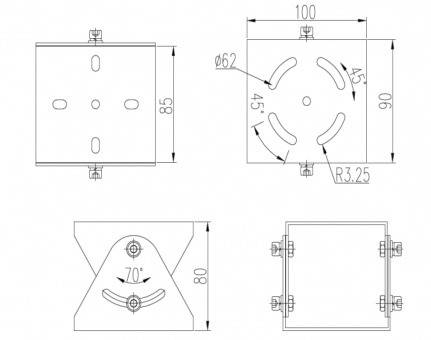 Technische Zeichnung mit mehreren Ansichten und Abmessungen eines mechanischen Bauteils. Enthält Draufsicht, Seitenansicht und Frontansicht mit Maßangaben.