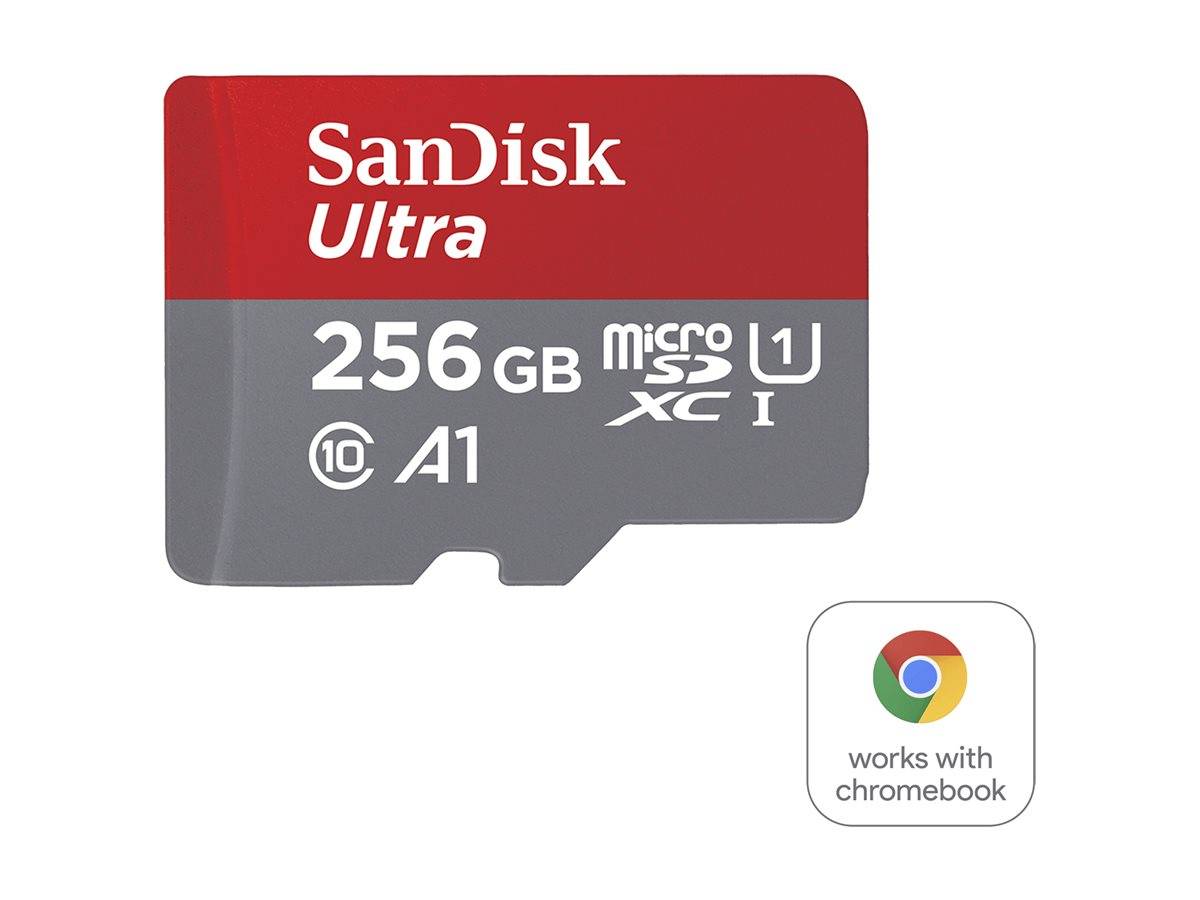 SanDisk Ultra 256GB microSDXC Speicherkarte mit Chromebook-Kompatibilitätslogo.