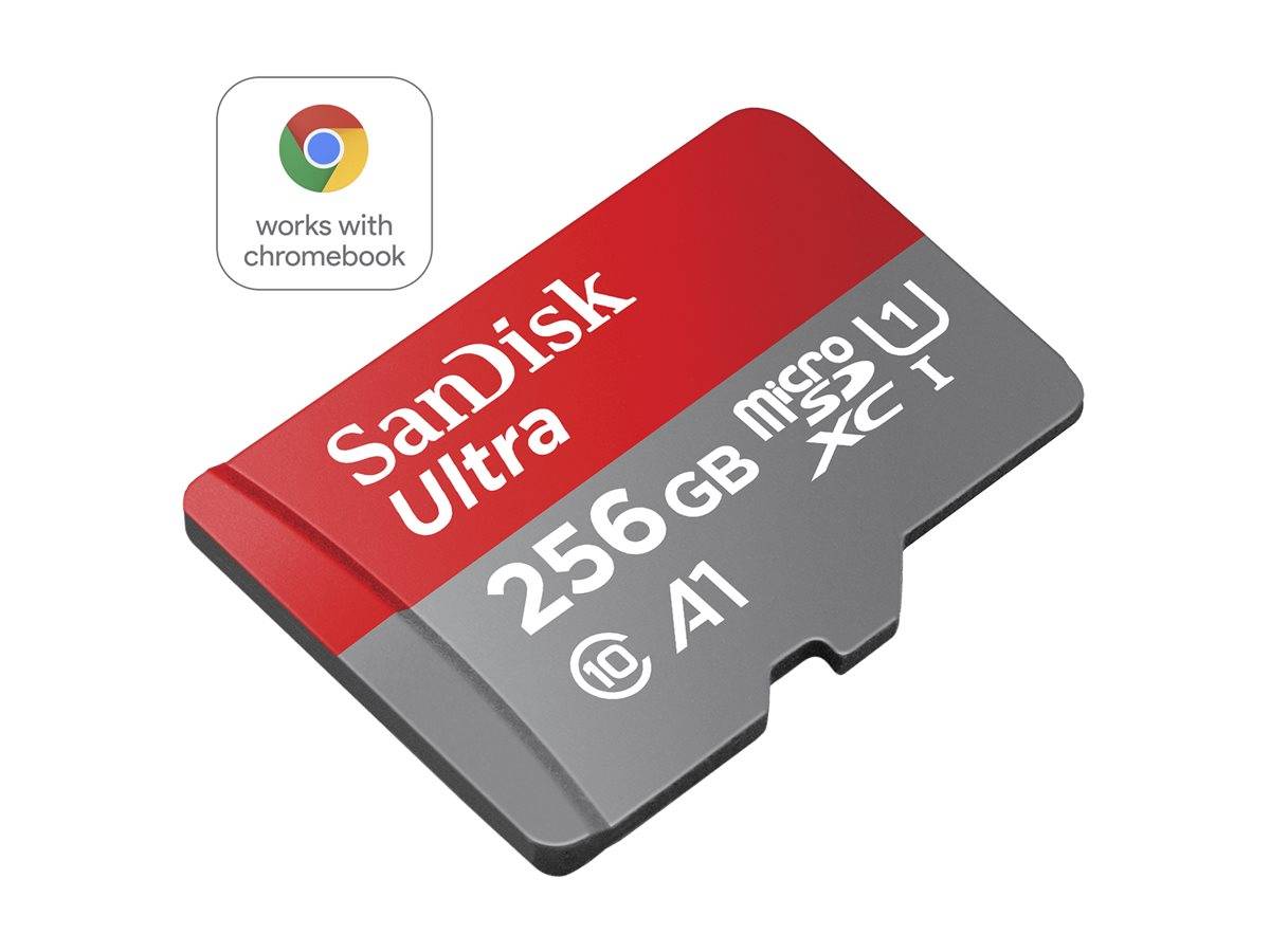SanDisk Ultra 256GB microSD-Karte mit A1- und Class 10-Geschwindigkeitsklassifizierungen, gekennzeichnet mit „funktioniert mit Chromebook".