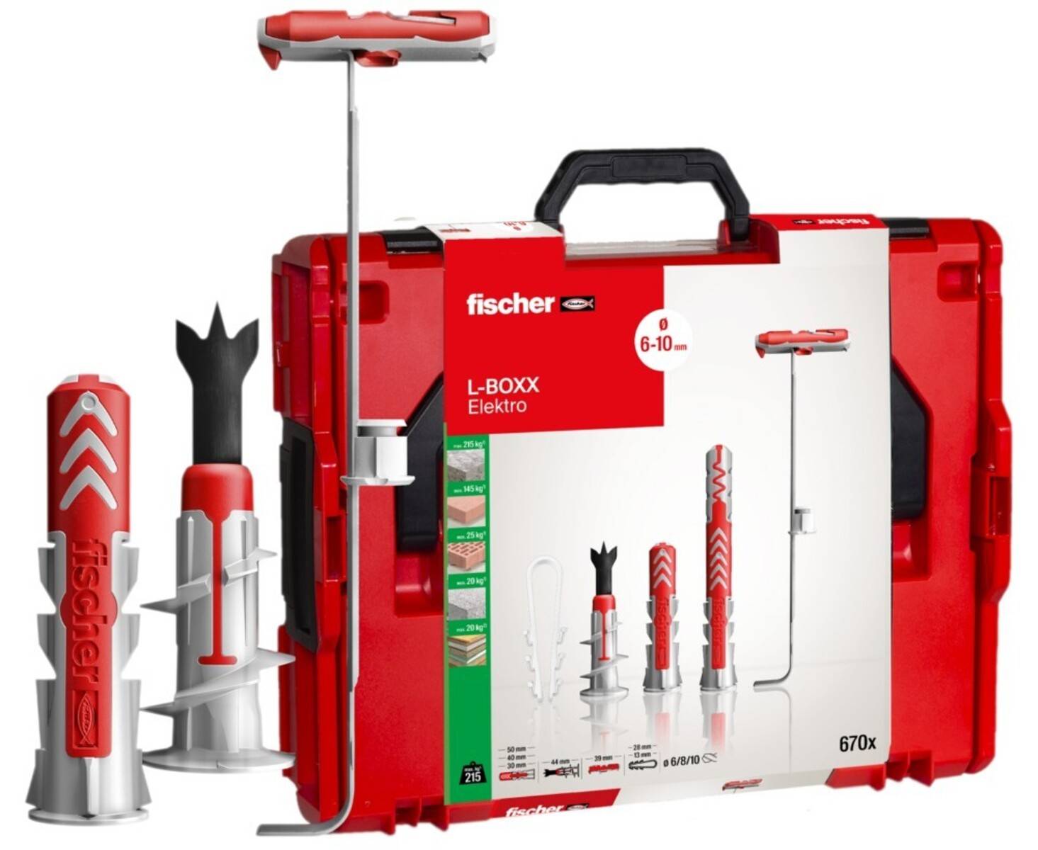 Rote Fischer L-BOXX Elektrowerkzeugausstattung mit Bohr-/Dübelzubehör und einem ausziehbaren Installationswerkzeug, gezeigt in ihrem Transportkoffer und als einzelne Komponenten.