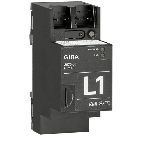 GIRA L1 KNX Steuergerät, schwarz und rechteckig, mit 'GIRA', 'RUND/DIAG' und 'KNX' auf der Vorderseite beschriftet.