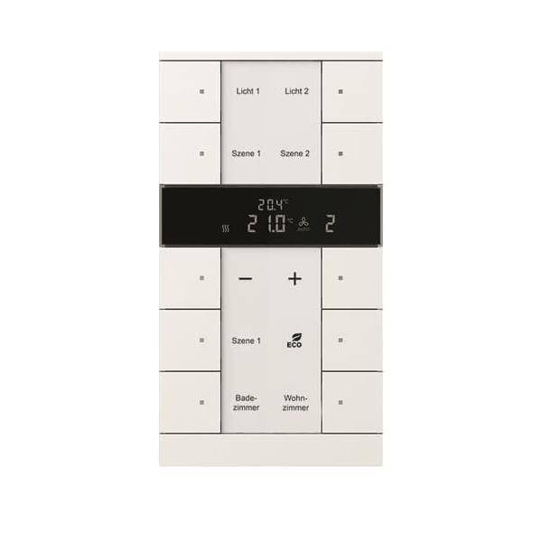 Ein Mehrfach-Wandbedienfeld mit beschrifteten Bedienelementen für Licht (Licht 1/2) und Szenen (Szene 1/2), mit Anzeige der Temperatur und einem ECO-Modus.