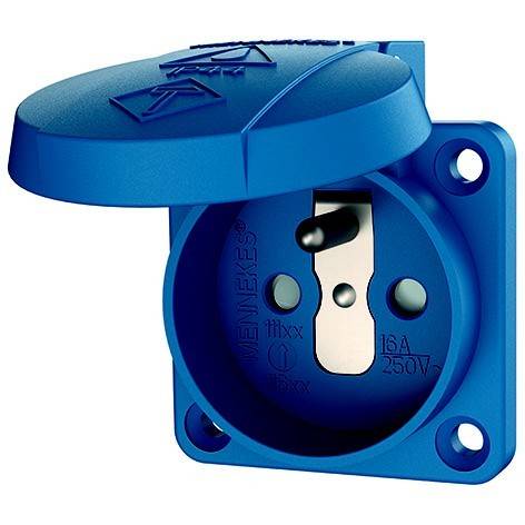 Blauer industrieller Stromstecker mit aufklappbarem Schutzdeckel, zweipolige Buchse und Befestigungslöcher, gekennzeichnet mit 16A 250V.