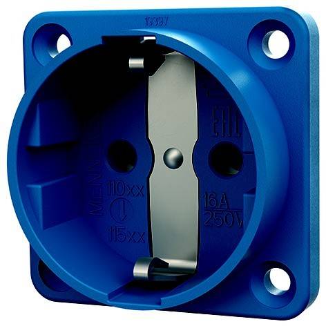 Blaue industrielle Stromsteckdose mit vier Befestigungslöchern und zentralem Metallerdungskontakt, gekennzeichnet mit 16A 250V.