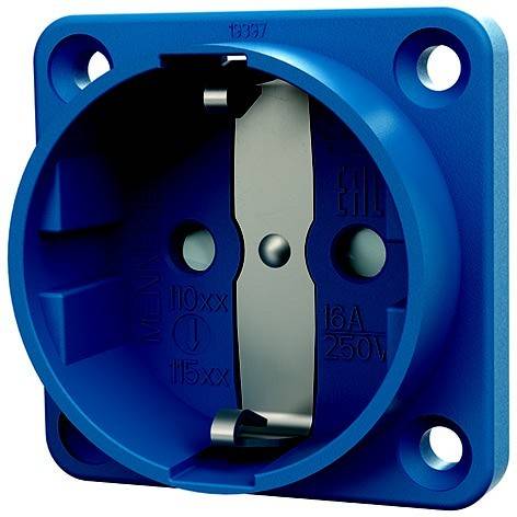 Blaue industrielle Steckdose mit rundem Anschluss, Metallkontaktleiste und vier Befestigungslöchern.