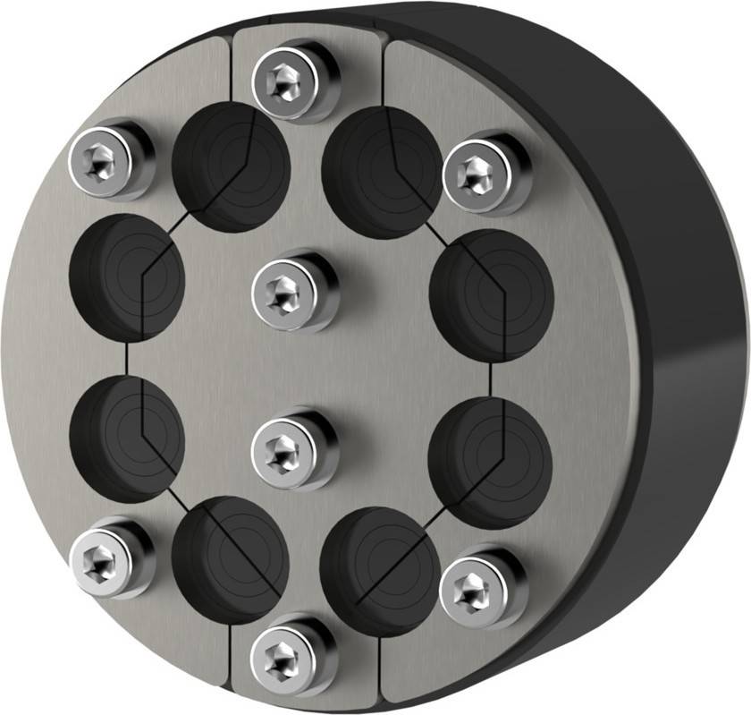 Eine metallische kreisförmige Verschraubung mit acht Kabeleinführungspunkten, die durch Schrauben gesicherte Abdeckung aufweist. Sie wirkt unbenutzt und ist wahrscheinlich für industrielle Zwecke bestimmt.