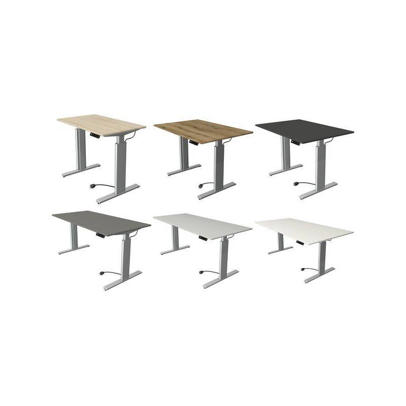 Sechs Stehschreibtische in zwei Reihen mit verstellbarer Höhe und verschiedenen Oberflächen: Holz, Schwarz, Weiß und Grau.