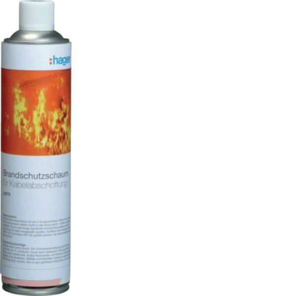 Eine Hager-Feuerschutzschaum-Spraydose mit orangenem Flammen-Etikett und deutschem Text, aufrecht vor weißem Hintergrund abgebildet.