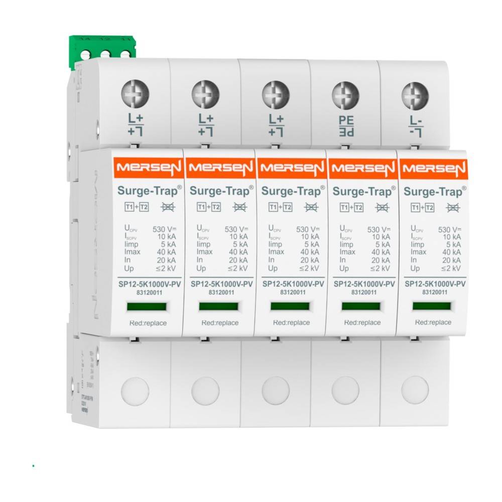 Mersen Surge-Trap modulares Überspannungsschutzgerät mit fünf DIN-Schienen-Modulen mit den Bezeichnungen L+, L+, L+, PE und L- für PV-Elektrosysteme.