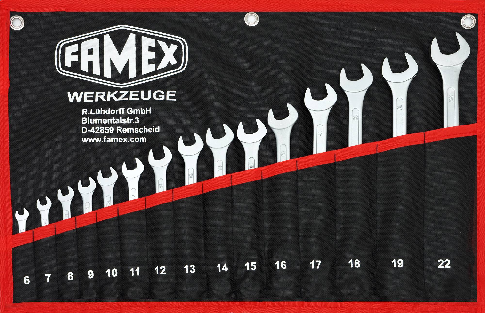 FAMEX 10349-15 Gabel-Ringschlüssel Satz in Tasche - Ringmaulschlüssel - Schraubenschlüssel Satz