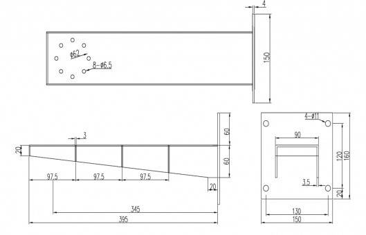 Technische Zeichnung eines Metallträgers mit Dimensionen: Länge 395 mm, Höhe 150 mm, Breite 60 mm. Hervorgehobene Abschnitte und Bohrstellen.