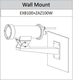 Diagramm, das eine 'Wandhalterung' mit der Bezeichnung 'EXB100+ZAZ100W' zur Befestigung von Ausrüstung an flachen Oberflächen zeigt. Enthält detaillierte Befestigungsmechanismen.