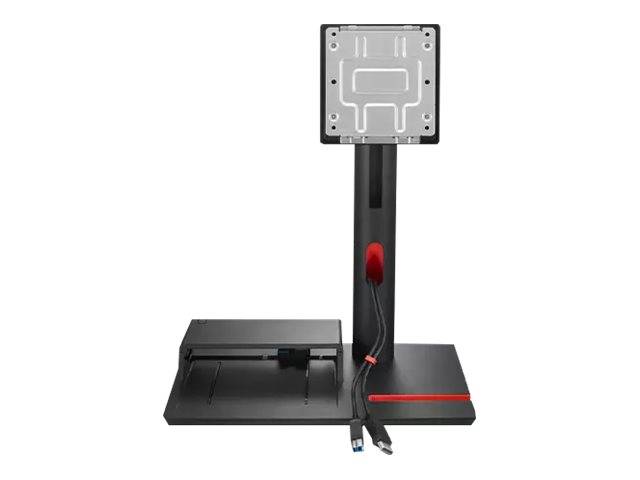 Schwarzer Monitorständer mit höhenverstellbarem Arm, Kabelführung und einer Ablage oder einem Laptop-Dock auf der linken Seite auf weißem Hintergrund.