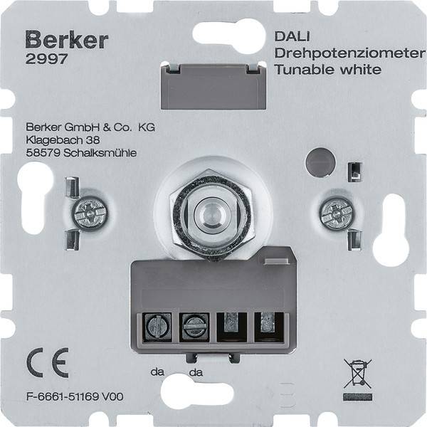 DALI Drehpotenziometer Tunable White Gerät zur Beleuchtungsanpassung, mit Firmendetails: Berker GmbH & Co. KG, Klagebach 38, 58579 Schalksmühle.