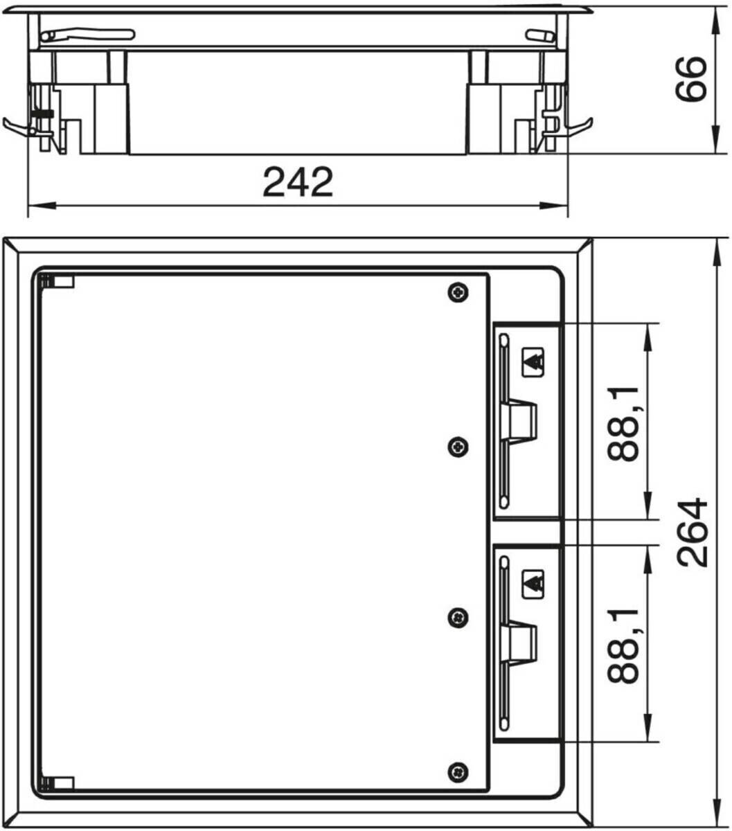 Technische Zeichnung eines rechteckigen Objekts mit Abmessungen: Breite 242 mm, Gesamthöhe 264 mm und oberer Abschnitt 66 mm. Zwei Fächer auf der rechten Seite, jeweils 88,1 mm hoch.