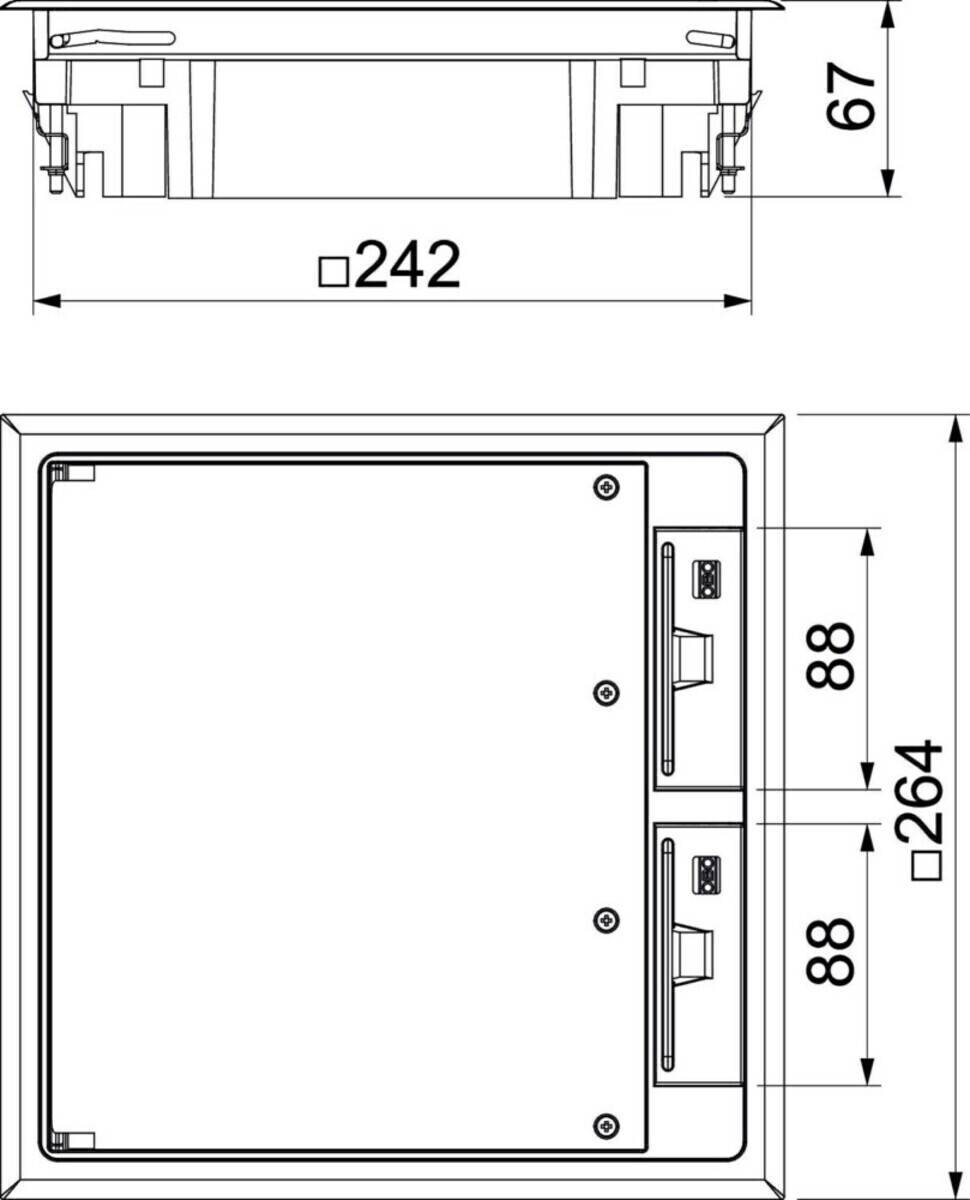 Technische Zeichnung eines elektrischen Gerätegehäuses mit Maßangaben: 242 mm Breite, 264 mm Höhe. Sie enthält Bauteilsymbole.