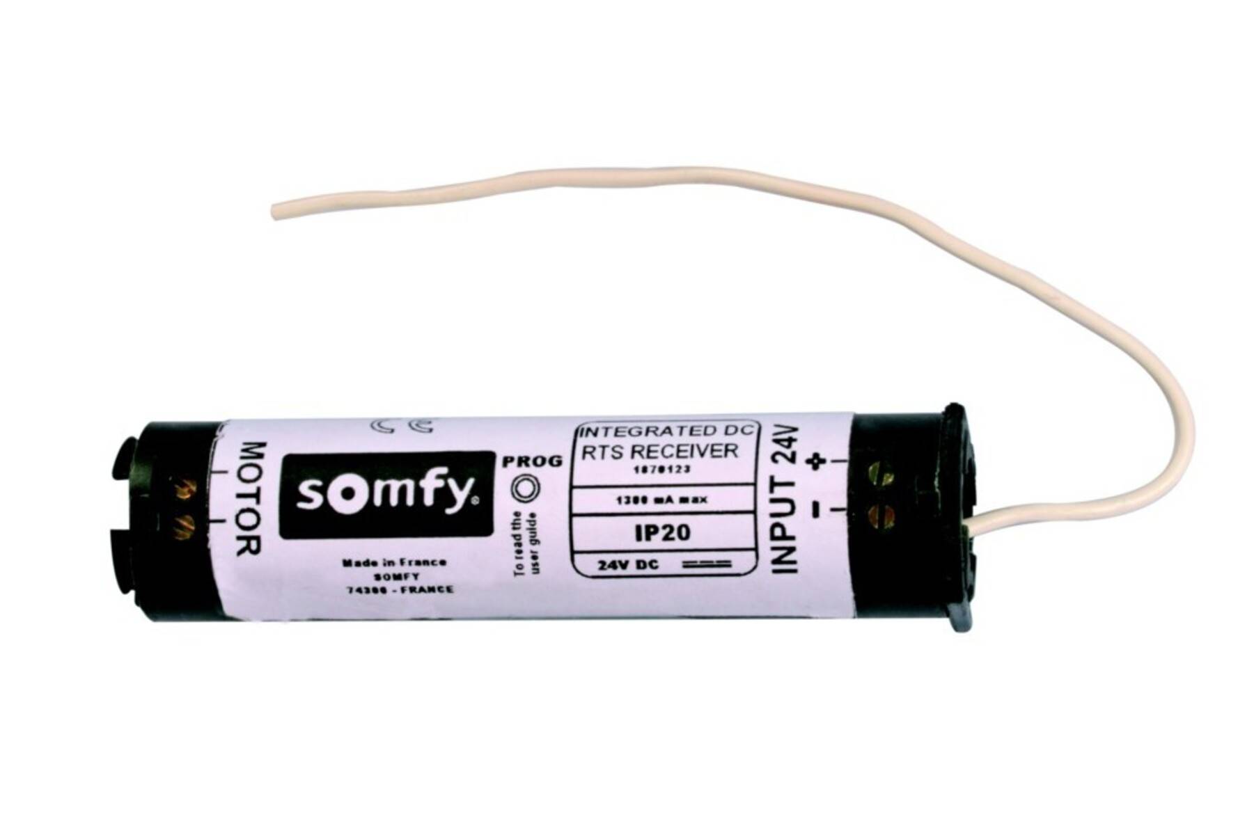 Somfy-Motor für motorisierte Rolloröhren mit angebrachtem weißem Stromkabel, gekennzeichnet mit 24V-Eingang und IP20.