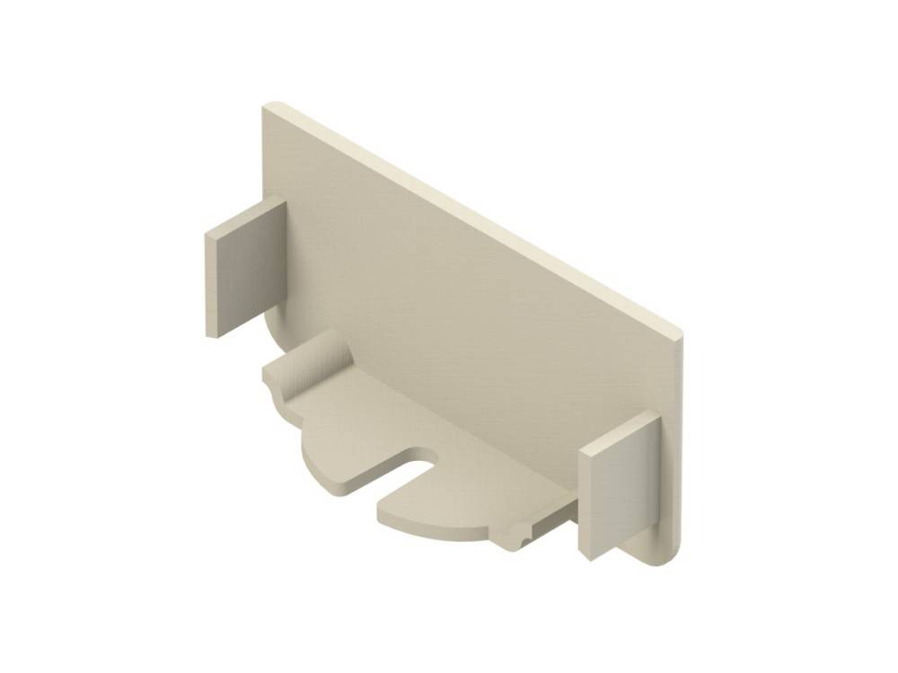 Ein beige, rechteckiges 3D-gedrucktes Objekt mit flacher Rückseite und gekerbten Seiten, möglicherweise eine Halterung oder kleine Regalstütze.