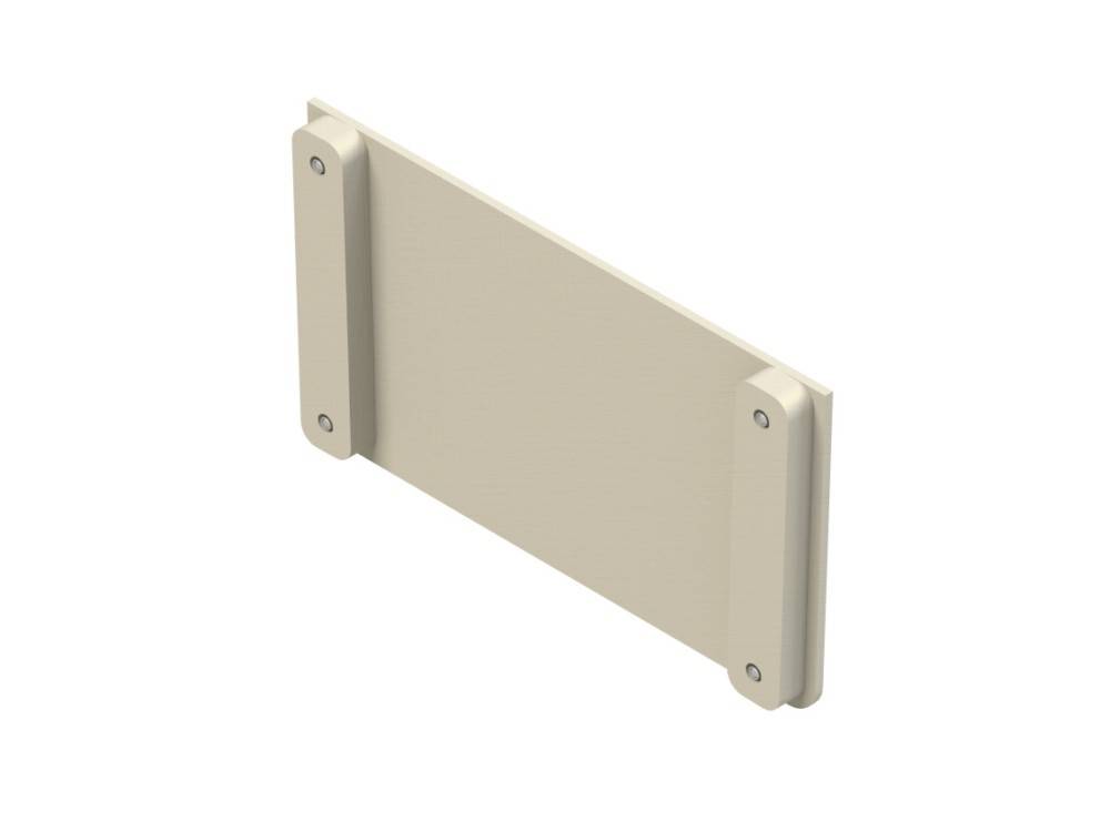 Eine beige rechteckige Wandhalterung mit zwei vertikalen Montagestützen und sichtbaren Schraubenlöchern.