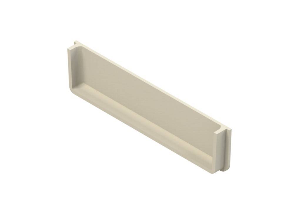 Eine beige, rechteckige Regalhalterung aus Kunststoff, die zur Unterstützung und Befestigung auf einer ebenen Oberfläche konzipiert ist und aus einem Winkel betrachtet wird.