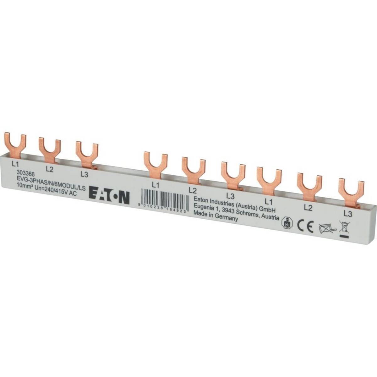 Eaton Stromschiene aus Kupfer mit Anschlüssen, gekennzeichnet mit L1, L2 und L3, zum Anschluss von Drehstrom-Leitungsschutzschaltern.