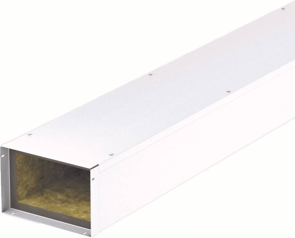 Ein rechteckiger, metallischer Luftkanalabschnitt mit einem offenen Ende, das Isoliermaterial im Inneren sichtbar macht; typischerweise in HVAC-Systemen verwendet.