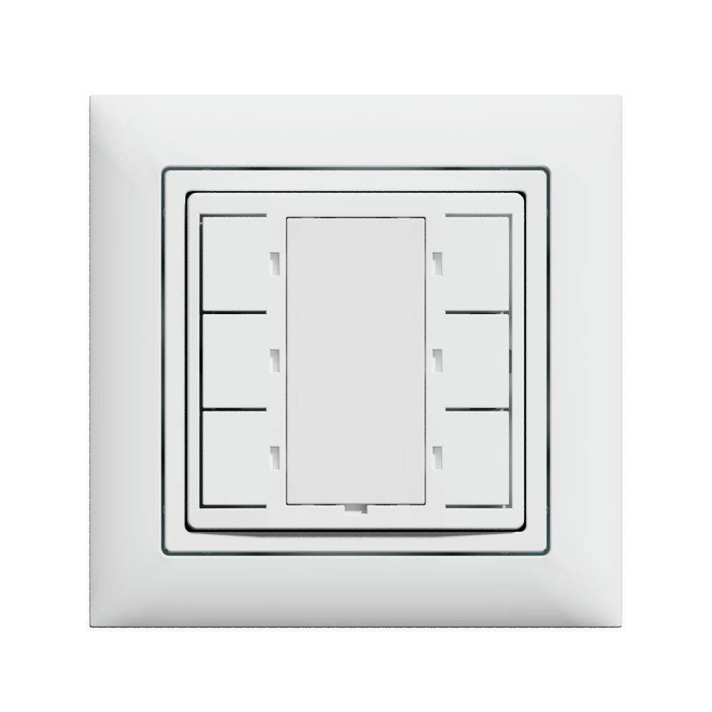 Weiße Wandleuchte mit zentralem Wippe-Schalter und umliegender Dimmer-ähnlicher Steuerung, von vorne auf neutralem Hintergrund dargestellt.