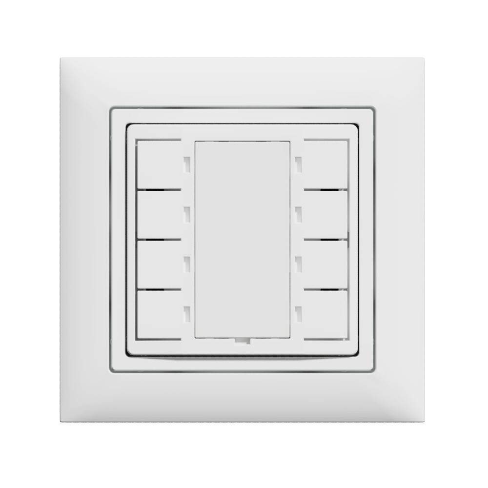 Weiße quadratische Wandschalter-Panelplatte mit einem zentralen rechteckigen Schalter und mehreren schmalen Seitentasten auf einfachem Hintergrund.