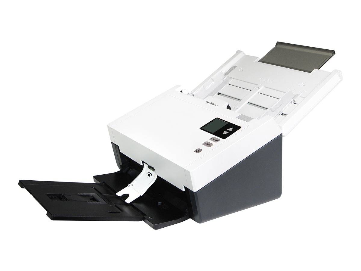 Weißer Desktop-Dokumentenscanner mit Papiereinzug und ausgefahrenen Ausgabefächern auf neutralem Hintergrund.